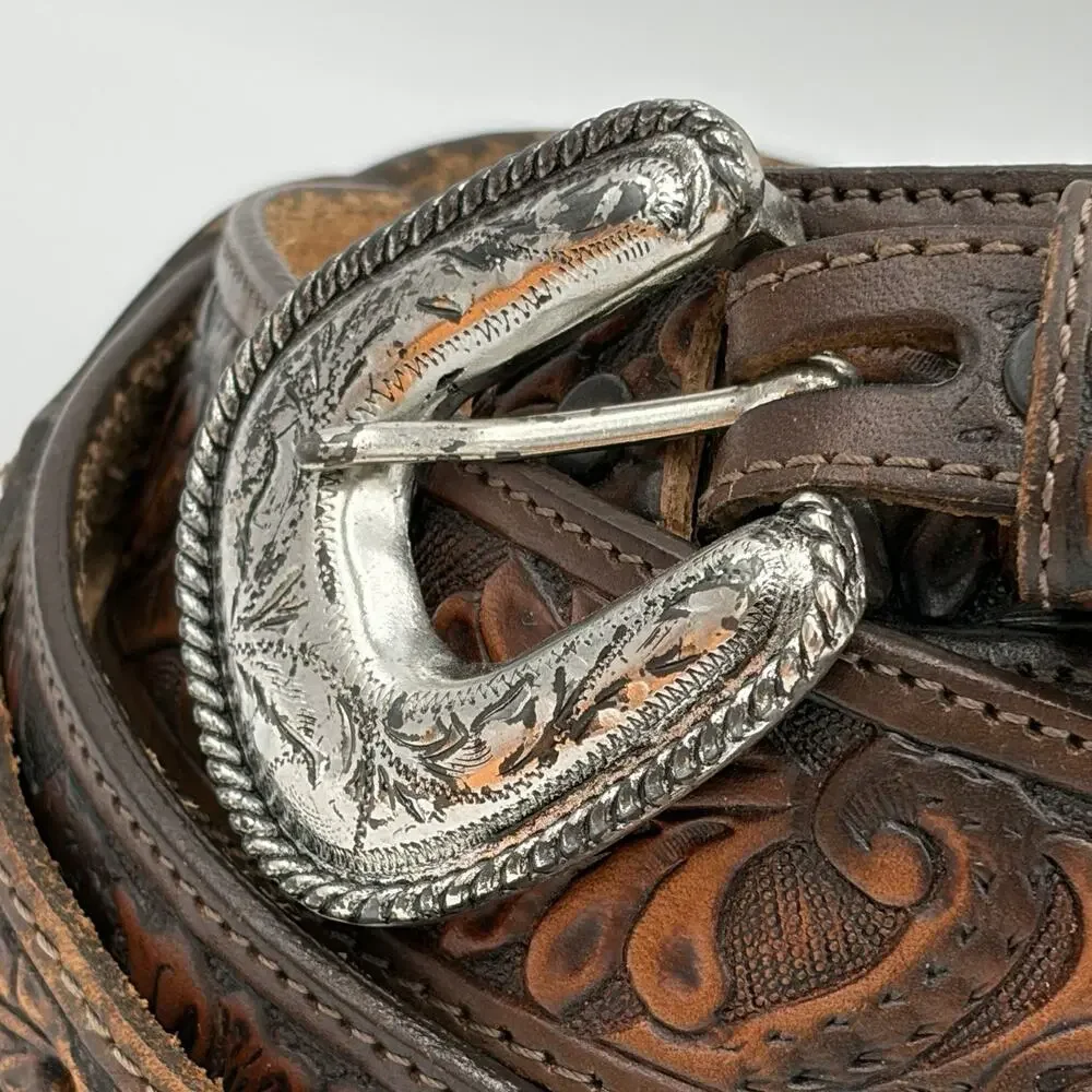 Justin Men’s Brown Leather Ranger Belt Silver Tone Accents Size 38 USA 114CH